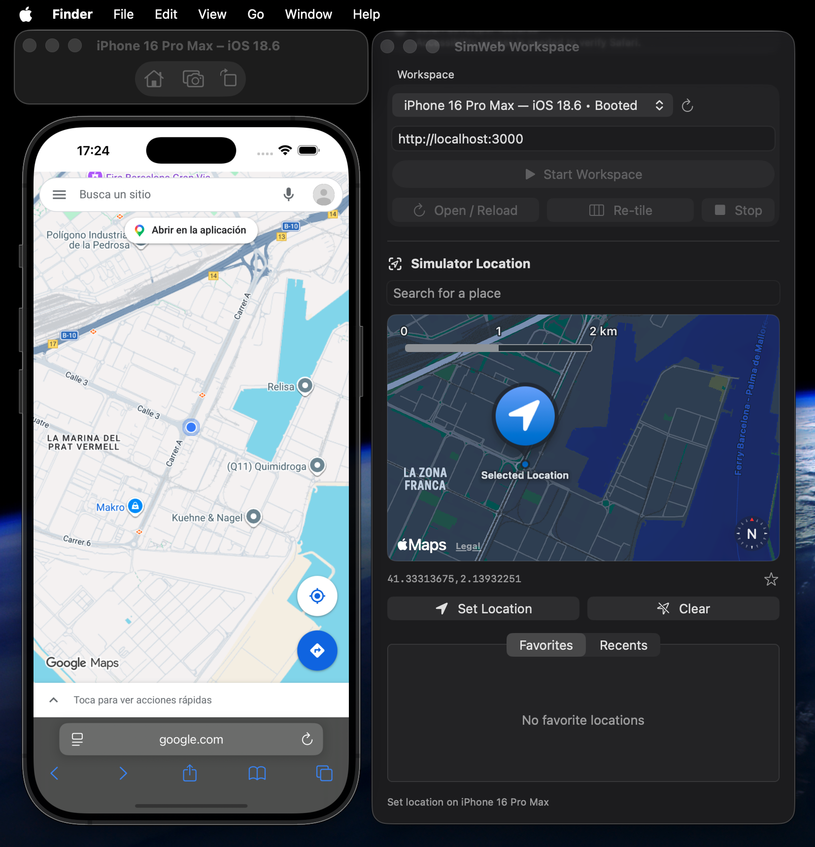 Actual Device Helm app and iPhone Simulator side by side, showing matching map locations